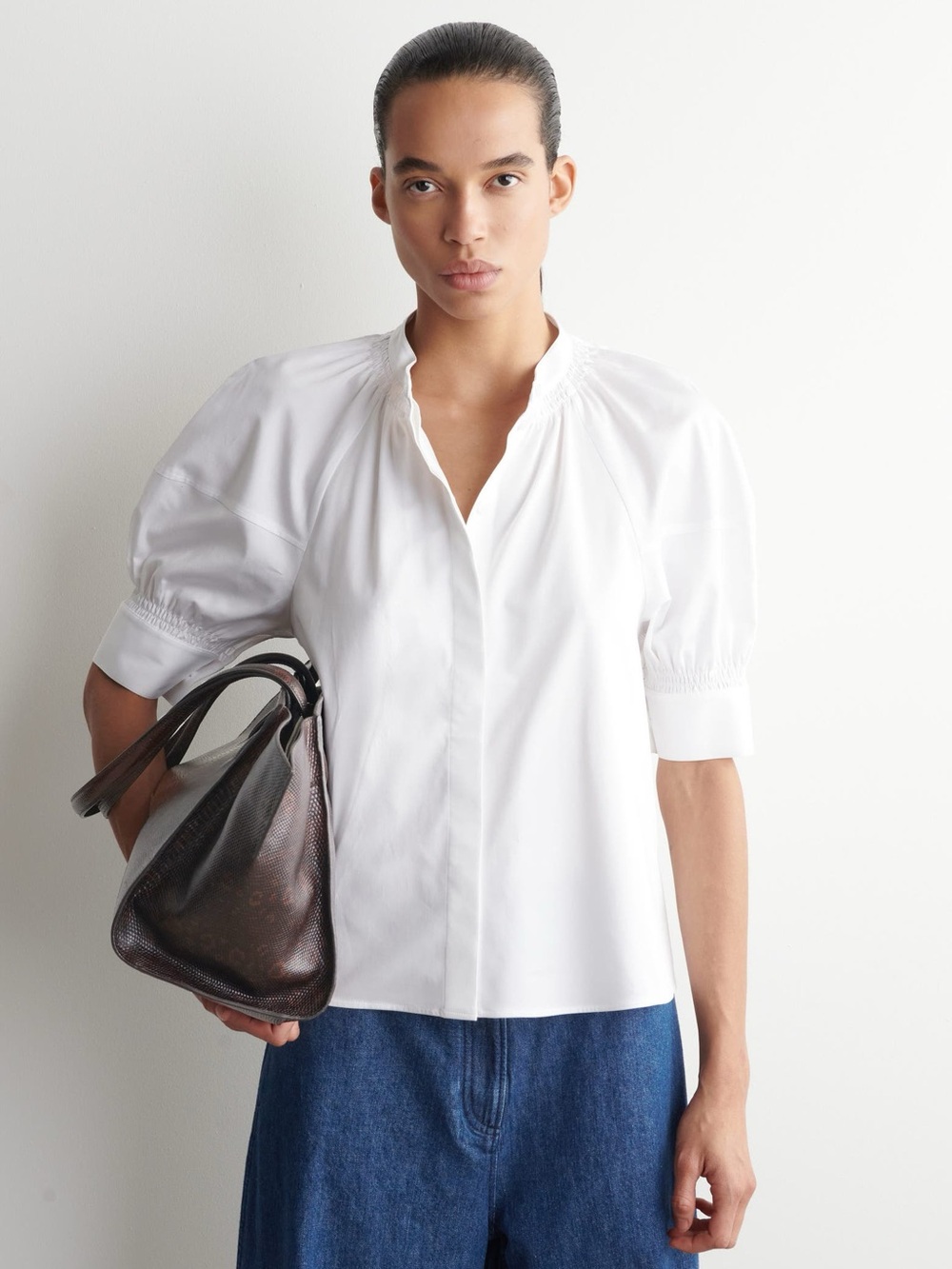 COS White Smocked Puff-Sleeve Blouse